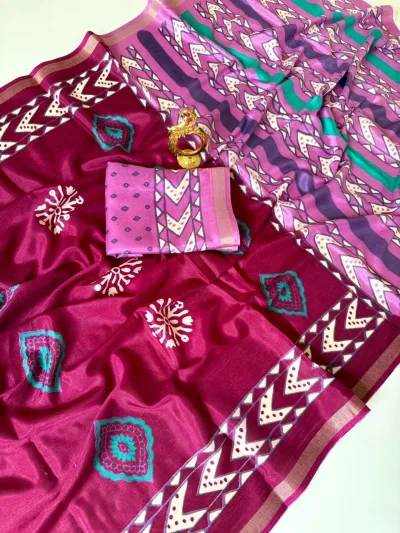 Mul Cotton Saree - Rani Pink with Peach Orange Contrast